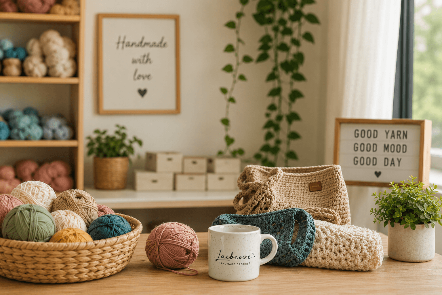 Founder crocheting at workspace